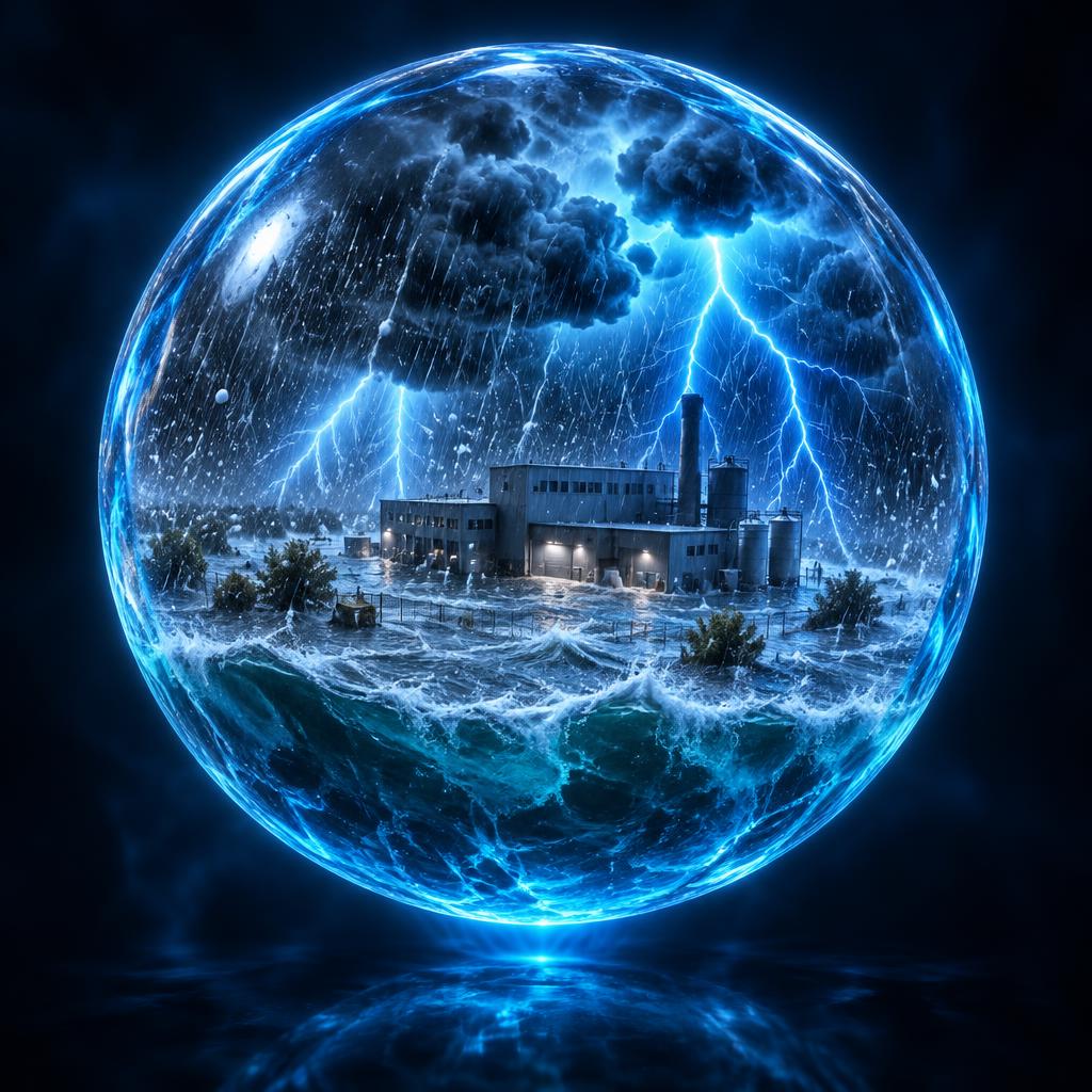 Sturm, Hagel und Hochwasser über einem Betrieb